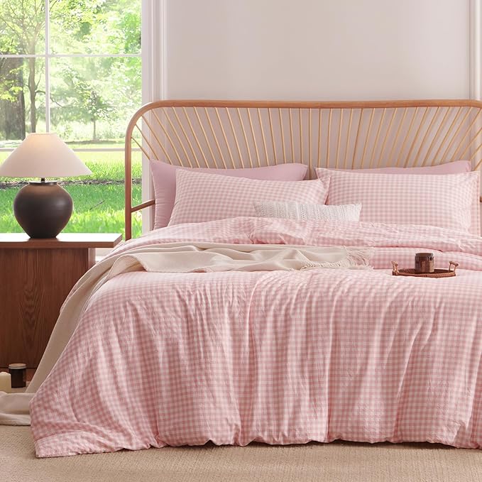 Nayoroom Gingham Comforter Set Queen Size Pink Plaid Checkered Comforter 3 Pieces Soft Lightweight Grid Dorm Bedding Set for All Seasons (1 Comforter, 2 Pillowcases)