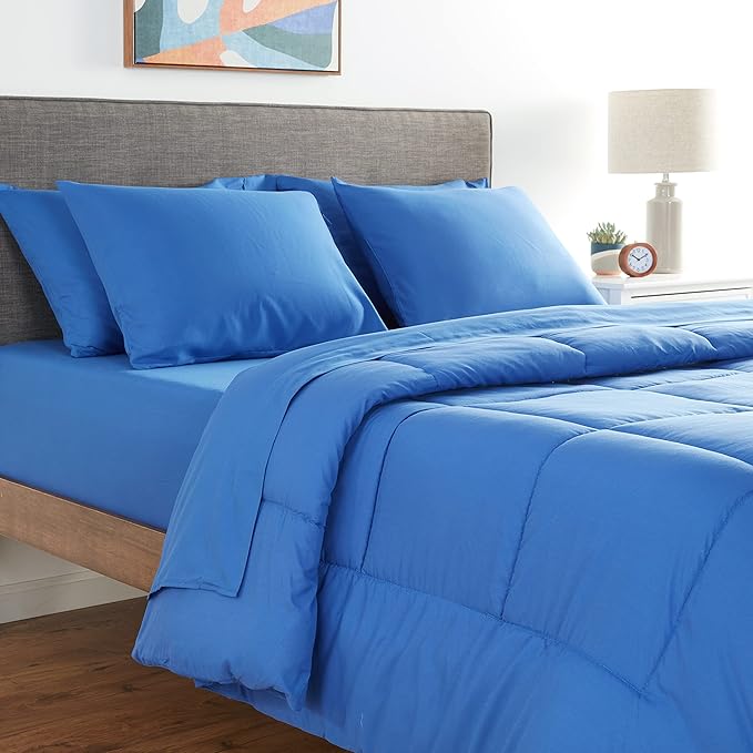 Sweet Home Collection 7 Piece Comforter Set Bag Solid Color All Season Soft Down Alternative Blanket & Luxurious Microfiber Bed Sheets, Royal Blue, Full