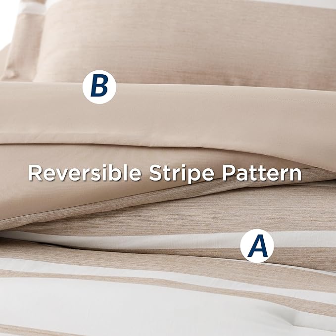 Bedsure Queen Comforter Set 7 Pieces, Light Camel Striped Bedding Set for All Seasons, Reversible, Cationic Dyeing Bed in a Bag with Comforter, Sheets, Pillowcases & Shams