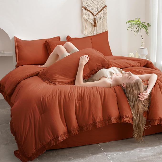 Andency Queen Comforter Set with Sheets Burnt Orange - 7 Pieces Boho Tassel Bed in a Bag Soft Lightweight Bedding Sets, Terracotta Rust Fringe Bed Set with Comforter, Sheets, Pillowcases & Shams