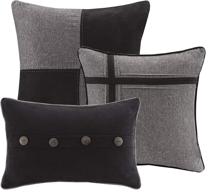 Madison Park Boone Cozy Comforter Set, Faux Suede, Deluxe Hotel Styling All Season Down Alternative Bedding Matching Shams, Decorative Pillow, Queen (90 in x 90 in), Rustic Grey 7 Piece,Dark Gray