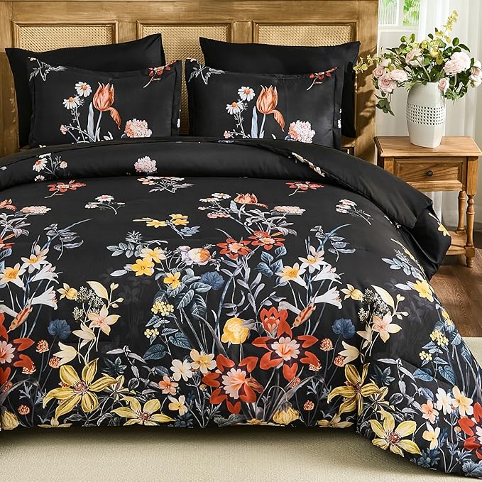 WONGS BEDDING King Comforter Set 7 Piece, Black Floral Bed in a Bag Bedding Set with Botanical Flowers Patterns, Soft Lightweight Complete Comforters with Sheets for All Season