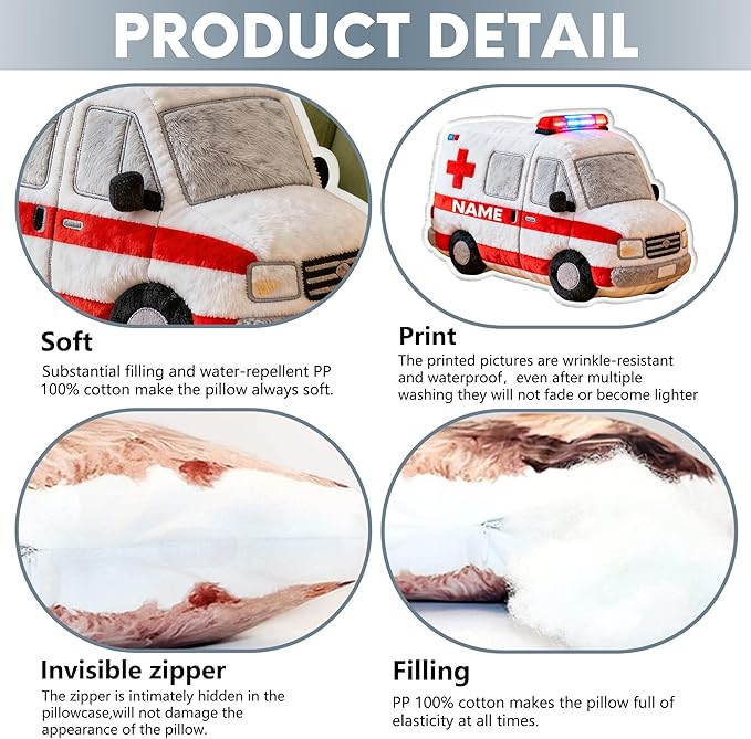Custom Ambulance Shaped Pillow Personalized Double-Sided Printed Cute Pillow Customized Christmas Party Commemorative Gift Sofa Decorative for Boys and Girls 8-32in