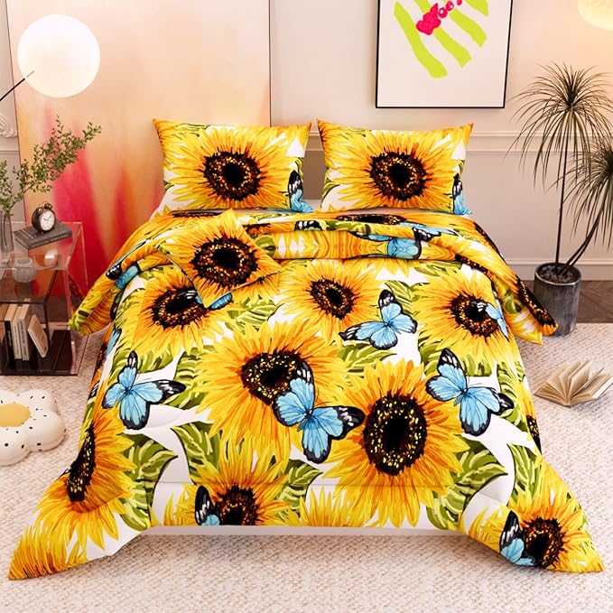 6 Pieces Sunflower Comforter Sets,3D Pattern with Sunflower Blue Butterflies,Decorative 6 Piece Bedding Sets with Comforter,Flat Sheet,Fitted Sheet,Throw Pillow Cover,Pillow Shams,Queen Size