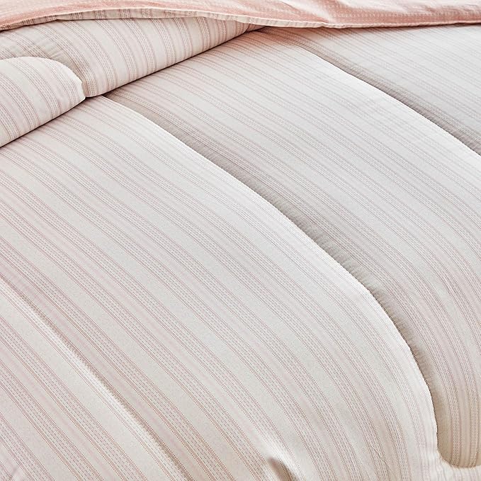 Joyreap 3pcs Cotton Comforter Set King, Blush Pink Stripes Design for Girls, Soft Cozy Lightweight Bedding Comforter Set for All Seasons- 100x88 inches