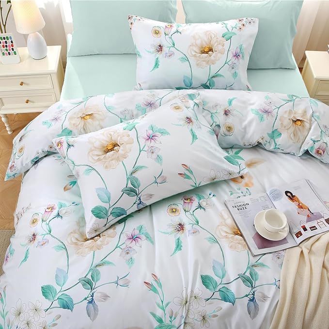 MUXHOMO Green Branch Full Comforter Set, Elegant Floral Print Bed in a Bag 7 Pieces, Ultra Soft & Breathable Reversible Botanical Pattern Bedding Set with Comforter, Sheets, Pillowcases, and Shams