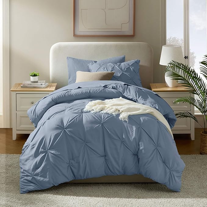 Nestl Twin Comforter Set 5 Piece, Pintuck Twin Bedding Set Stone Blue, College Dorm Room Essentials for Girls and Boys Bed in a Bag Twin All Season, Twin Comforter Set with Sheets, Pillowcase and Sham