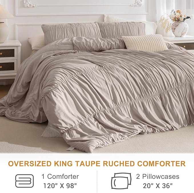 Masaca Oversized King Comforter(120"x98"),Taupe Ruched Ruffle California King Comforter Set,3 Pieces Lightweight Extra Large Farmhouse Shabby Boho Chic French Country Bedding Set