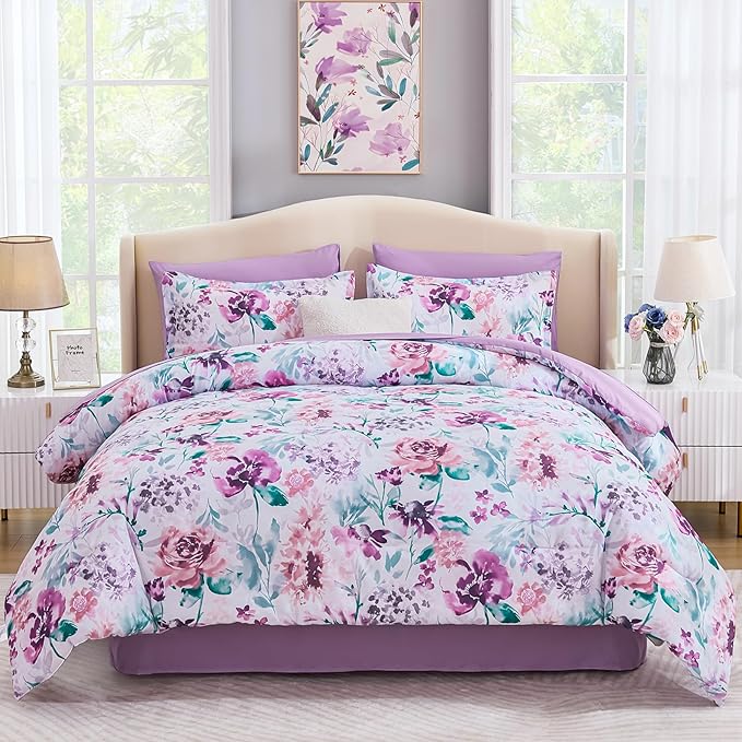 Luxudecor Floral Comforter Set King Size 7 Pieces Bed in a Bag, Purple Flower Watercolor Bed Set, Soft Comforter with Sheet Set 104"x90"