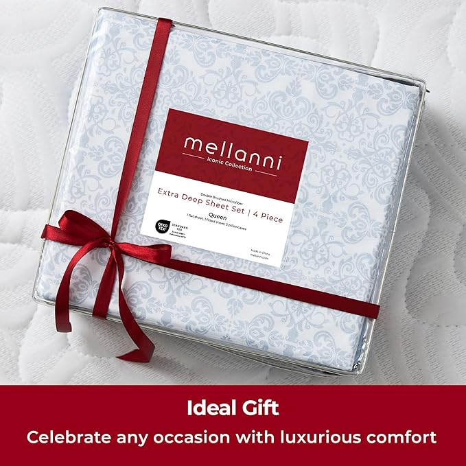 Mellanni Extra Deep Twin Sheets - 3 PC Iconic Collection Bedding - Hotel Luxury, Ultra Soft, Cooling Bed Sheets - Wrinkle, Fade, Stain Resistant (Twin, Laced Sky Blue)
