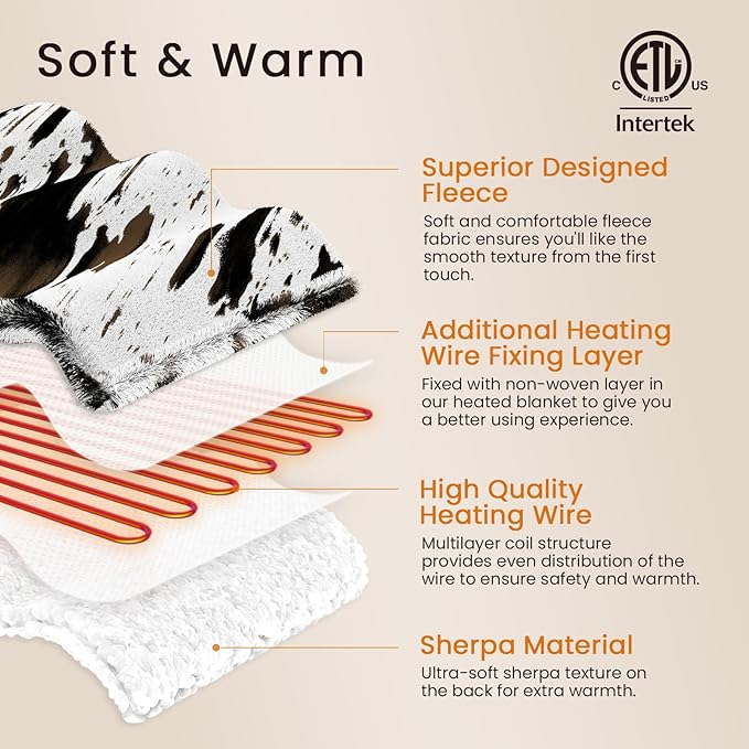 Cow Print Electric Heated Blanket Queen-Dual Control Heating Blanket Queen Size with 10 Heat Levels & 10 Hours Auto-Off, Cozy Soft Fleece Sherpa, Washable, 84x90 Inches Cow Print White