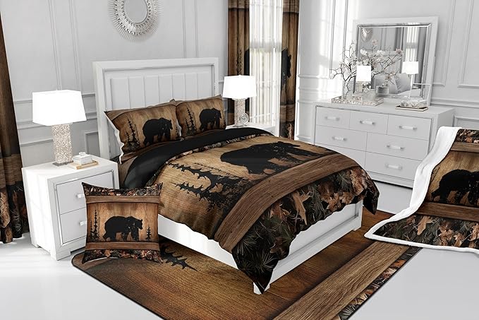 Erosebridal Rustic Farmhouse Comforter Set Country Cabin Bear Bedding Set Full,Tree Branches Woodland Camo Hunting Wildlife Bedding Comforter Sets for Teen Boys Men Camouflage Animal Quilt Set