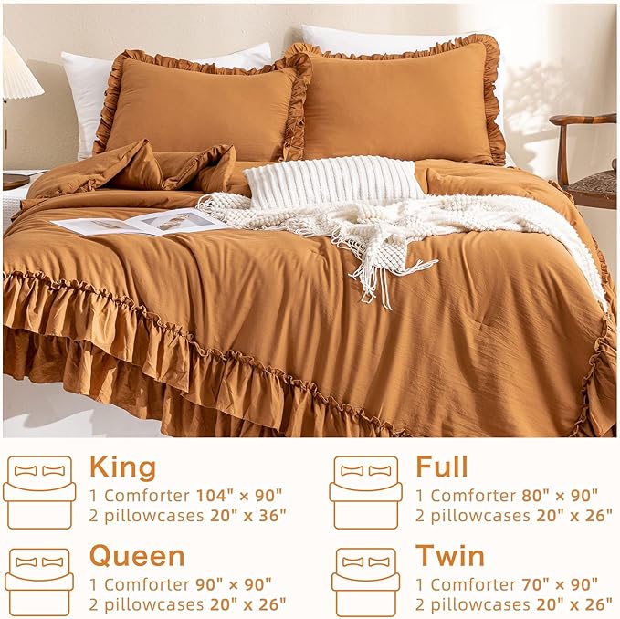 Masaca Pumpkin Color Ruffle Comforter Queen Size,Farmhouse Shabby Boho Chic Queen Bedding Comforter Set,3pcs Ultra Soft Fluffy Brown Orange Comforter Sets for Queen Bed with 2 Ruffled Pillowcases