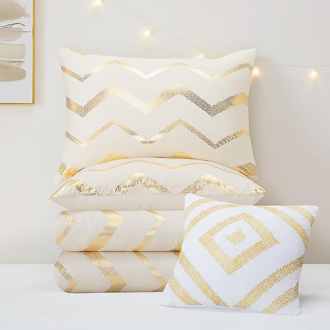 Codi White and Gold Bed Comforter Set, Cute Queen and Full Size Golden Teen Girls Bedding, 4 Pieces - All Seasons Warm