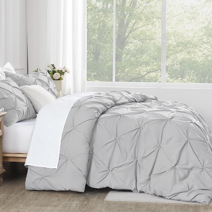 Andency Gray Pinch Pleat Comforter Twin(66x90Inch), 2 Pieces(1 Grey Pintuck Comforter and 1 Pillowcase) Microfiber Down Alternative Bedding Set