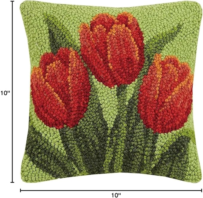 Peking Handicraft Red Tulips 10" Square Hooked Wool Throw Pillow with Polyfill Insert