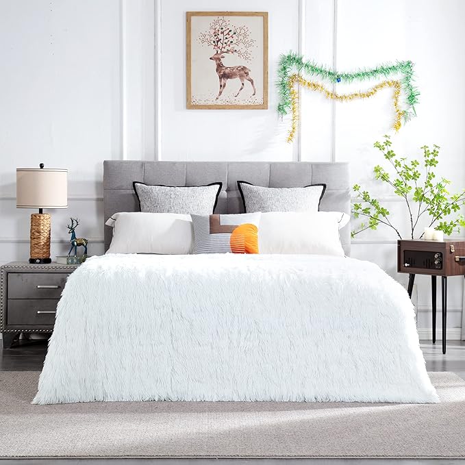 JONIYEAR Extra Large Decorative Fluffy Faux Fur Blanket Queen Size 80" x 90", Soft Luxury Lightweight Furry Blankets, Solid Cozy Shaggy Plush Thick Warm Fuzzy Blankets for Winter Bed Couch, White