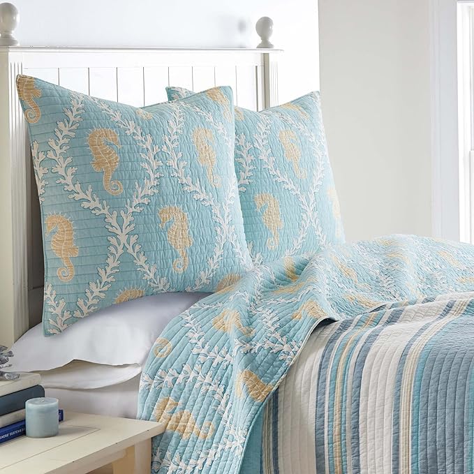 Levtex Home - Kailua Euro Sham - Seahorses - Blue Taupe and Cream - Euro Sham (26x26in.), No Insert - Cotton