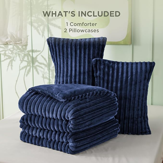 Bedsure Queen Comforter Set - GentleSoft™ 3 Pieces Fluffy Double-Side Fleece Comforter Set, Cozy Striped Room Decor Aesthetic, Luxury Navy Bedding Queen Size with 2 Pillowcases, 90x90 Inches