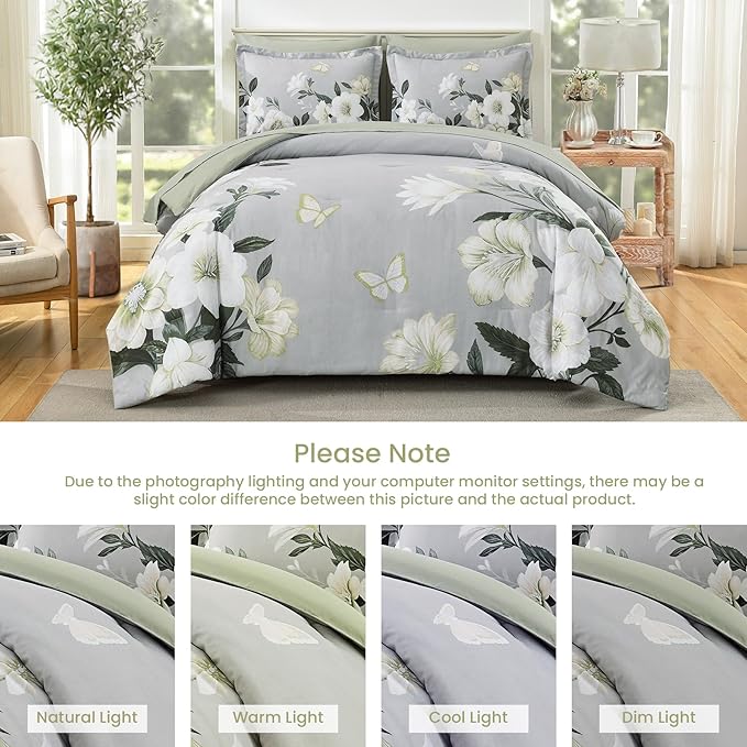 King Size Comforter Set - 7 Pieces Floral Comforter Set, Elegant Sage Green Flower Bed in a Bag King Soft Microfiber Bedding Set for All Seasons (Sage Green,104"x90")