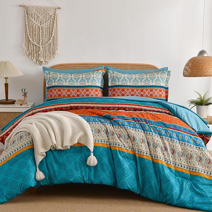 Comforter Set King Size Boho,7 Pieces Bohemian Bedding Comforter Set Striped Bed in a Bag,Teal Paisley Floral Comfortet and Sheet Set,Soft Microfiber Bedding Sets for All Season
