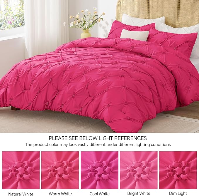BEDELITE Hot Pink King Size Comforter Set - 3 Pieces Boho Pintuck Bedding Comforter Sets, Lightweight Soft & Warm King Bedding Set with 2 Pillowcases for All Season