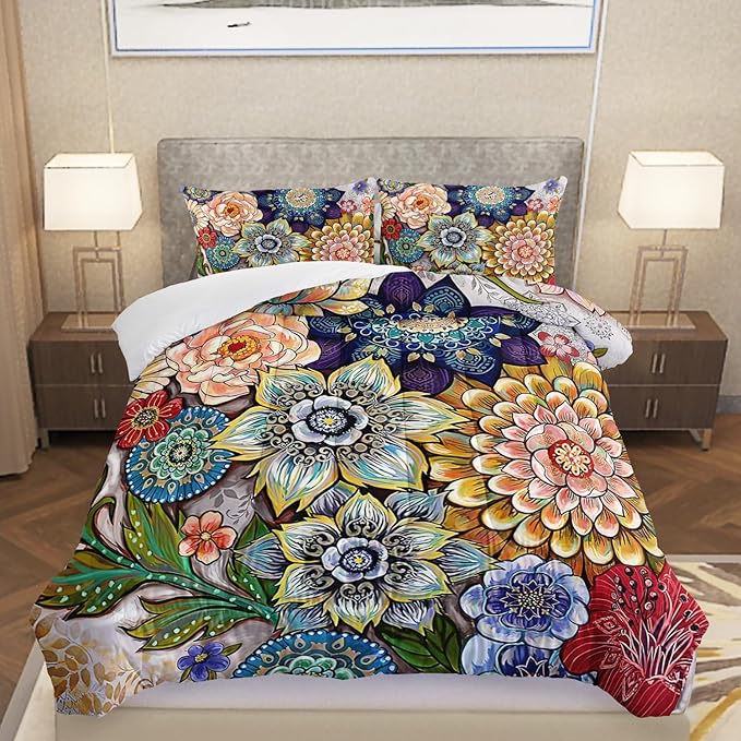 3 Pieces Boho Floral Comforter Set,Bohemian Colorful Flowers Comforter Set King Size Soft Microfiber Flower Duvet Vintage Bedding in a Bag for Kids Teens and Adults (1 Comforter with 2 Pillowcases)