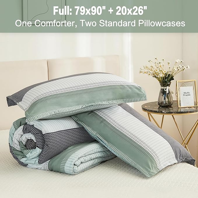 Litanika Comforter Full Size Set Sage Green - 3 Pieces Lightweight Bedding Comforter Sets, Green White Colorblock Stripe Fluffy Bed Set, All Season Down Alternative Bed Set