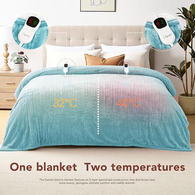 Homemate Electric Heated Blanket Queen Size - 84"x90" Heating Blanket Queen Size Dual Control 1/2/4/6/8 Hours Auto-Off 10 Heat Level Over-Heat Protection Soft Flannel Sherpa ETL Certification