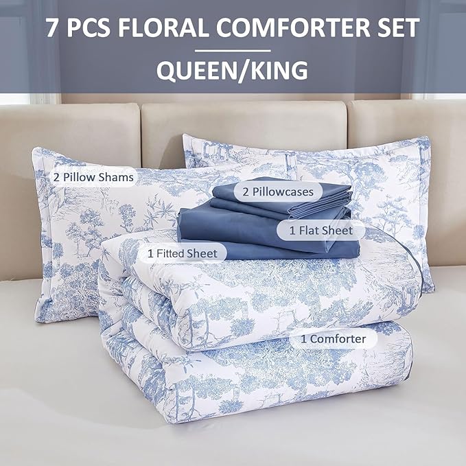 DJY Blue Comforter Set Full, 7 Pieces Full Size Flower Comforters with Sheets Elegant Plants Print Bed in a Bag Soft Microfiber Reversible Complete Bedding Sets for All Season