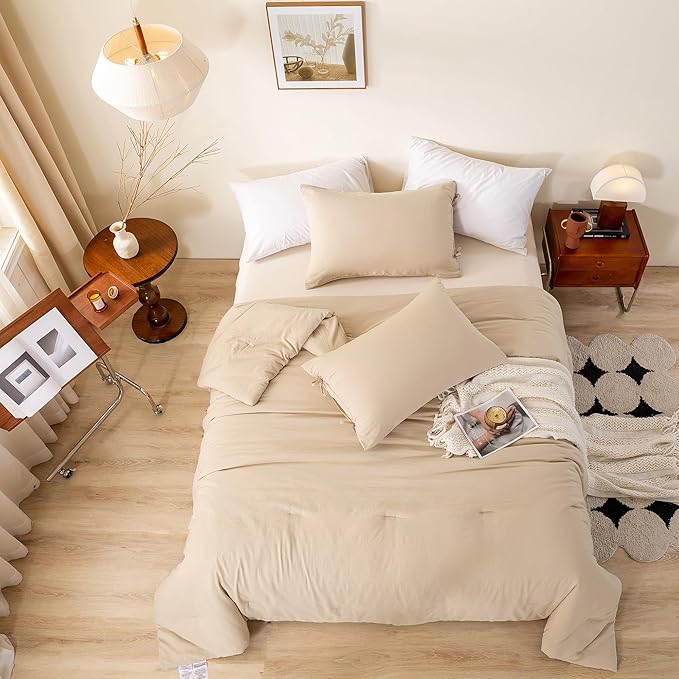Comforter Set Full Size Bedding, Super Soft Comfy Cozy Solid Double Bed Blanket 1 Down Alternative Comforter and 2 Pillowcase Fluffy Softness Light Weight All Season Use, Khaki Beige
