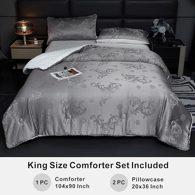 Jacquard Comforter Set - Luxury Warm Paisley Floral Pattern King Size Bedding with 2 Pillowcases All-Season Soft & Lightweight 3D Bubble Design Bed Set (104x90 Inches Grey)