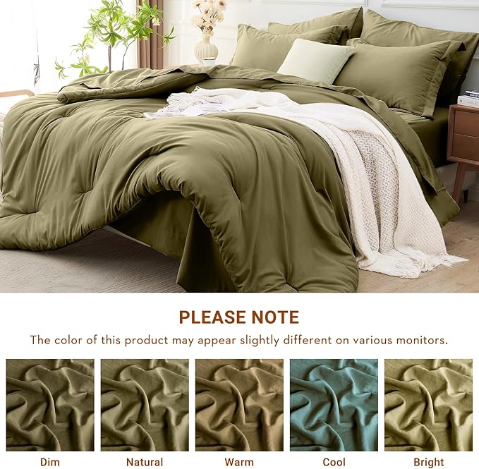 MUXHOMO 7 Pieces Full Comforter Set, Soft Bed in a Bag Full Size, All Season Bedding Set with Comforter, Flat Sheet, Fitted Sheet, Pillowcases & Shams, Olive Green