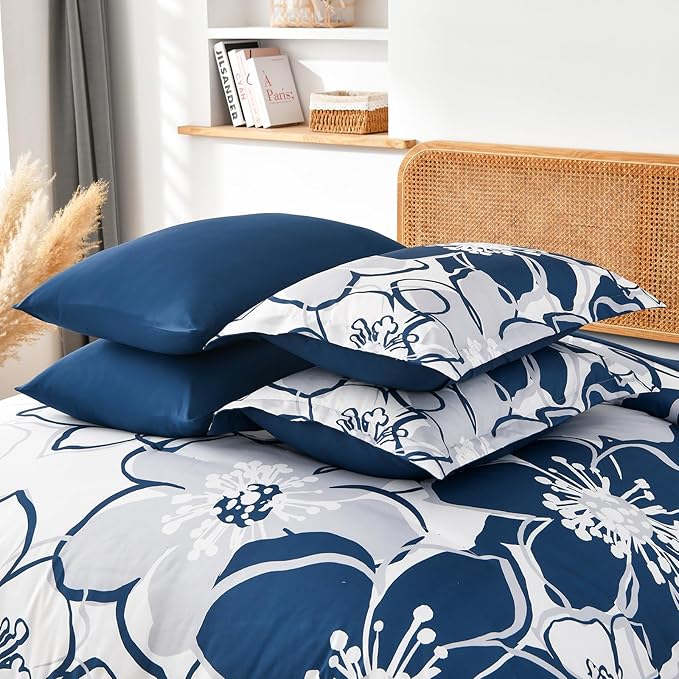 Anibedding Navy Floral Comforter Set King Size 7 Piece, Blue Flower Bed in a Bag, Elegant Botanical Floral Comforter Soft Microfiber Complete Bedding Set for All Season, (Navy Blue, 104"x90")
