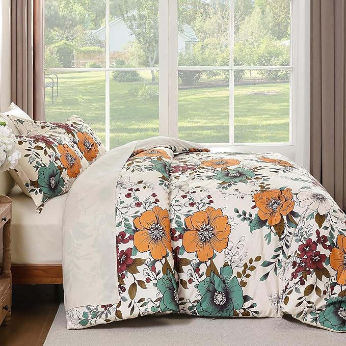 Xruibed Floral Comforter Set King Size 7 Pieces, Beige Orange Bed in a Bag Flower Comforter Set with Sheet, Pillowcases, Pillowshams, Soft Microfiber Bedding Set for All Season (King 104''x90'')