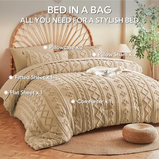 MR&HM Boho Comforter Set Full, Khaki 7 Pieces Bedding Set, Farmhouse Shabby Chic Bed in a Bag with 1 Comforter, 2 Pillow Shams, 2 Pillowcases, 1 Flat Sheet, 1 Fitted Sheet for All Seasons