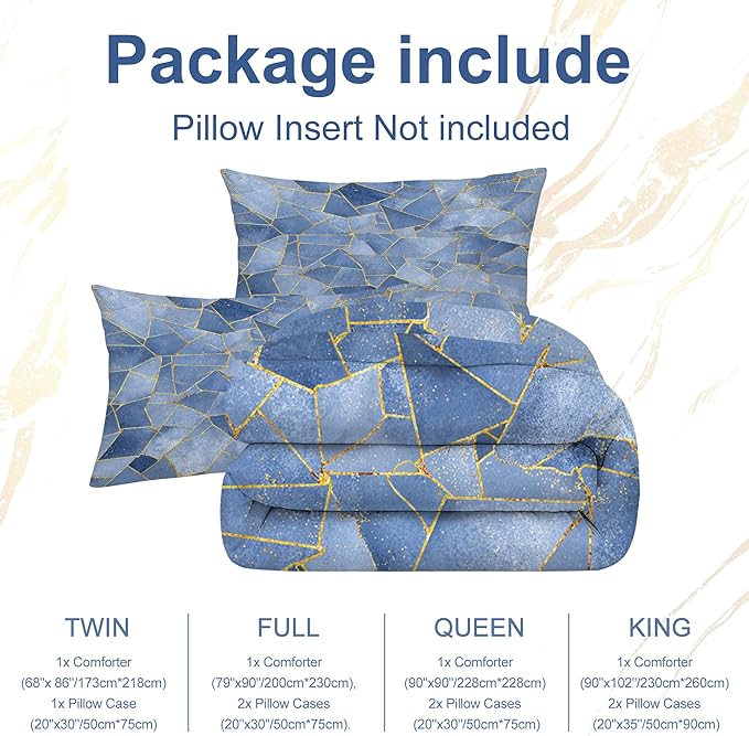 Geometri Marble Comforter Set Full Size Gold Glitter Lines Bedding Set Marbled Geometry Print Bed Set for Bedrom Decor Watercolor Dusty Blue Marbling Quilt Set with 1 Comforter + 2 Pillowcases
