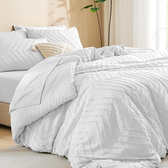 Litanika Super King Plus Size Comforter Set with Sheets White - 7 Pieces Bed in a Bag Oversized King Boho Tufted Complete Bedding Sets with Comforter, Sheets, Pillowcases & Shams