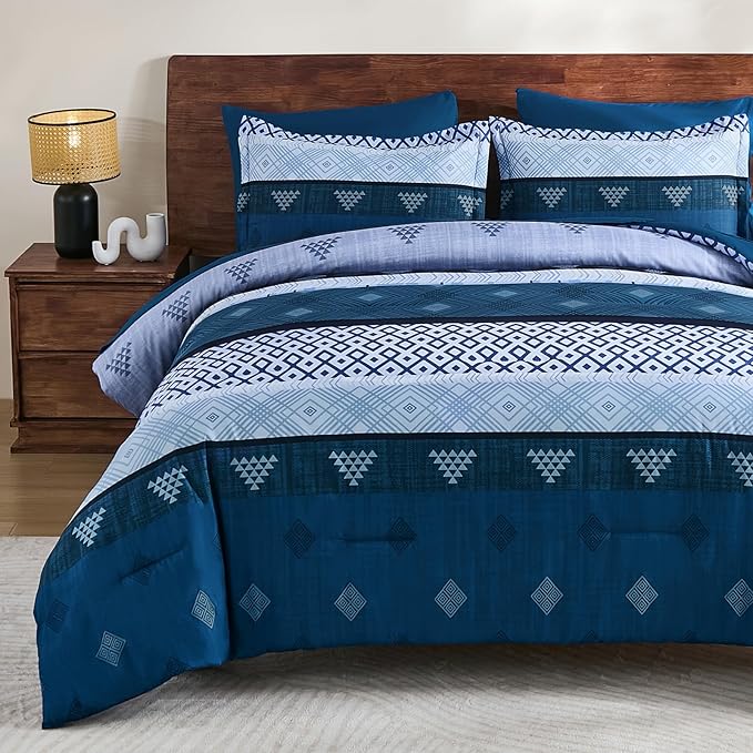 Xruibed Blue King Comforter Set 7 Pieces, Blue Boho Striped Bed in a Bag King Size Soft Microfiber All Season Bedding Set with Comforter, Sheets, Pillowcases & Shams(104"×90")