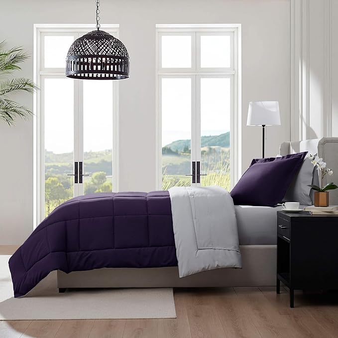 Nestl 5 Piece Twin Comforter Set – Purple Reversible Bed in a Bag – Complete Twin Size Bedding Set with Sheets, Pillowcase and Sham