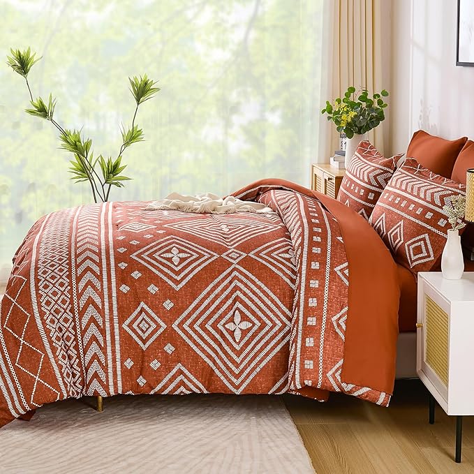 Yiran Burnt Orange King Comforter Set, 7 Piece Terracotta Boho Bedding Set, Geometric Bed in a Bag King, Soft Microfiber Bohemian Striped Complete Bedding Set with Sheets for All Season