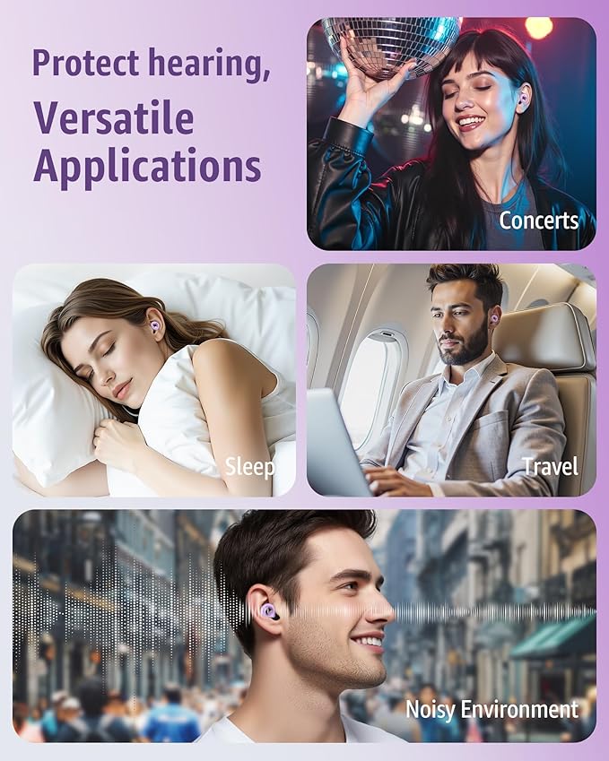 Ear Plugs for Sleeping 45DB Noise Cancelling: Ultra-Comfy Reusable Noise-Reducing Earplugs for Concerts & Travel & Snoring-Silicone Hearing Protection Earbuds with 8 Eartips- Purple