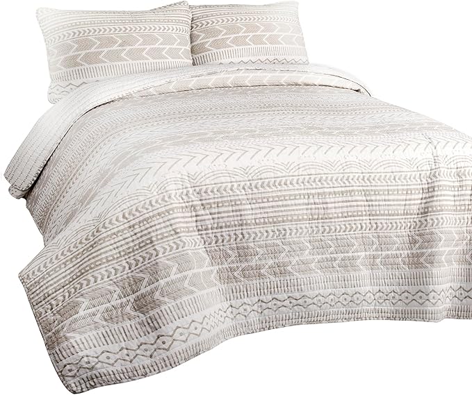 Lush Decor Hygge Geo Pattern Striped 3 Piece Quilt Bedding Set, King, Taupe & White