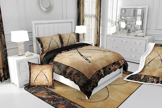 Erosebridal Rustic Fishing Toddler Comforter Set Gifts for Kids Boys Men Women,Retro Camo Fishing Rod Bedding Set Country Farmhouse Lake Cabin Quilt Bedding Sets Tree Branch Camouflage Bed Set 2 Pcs