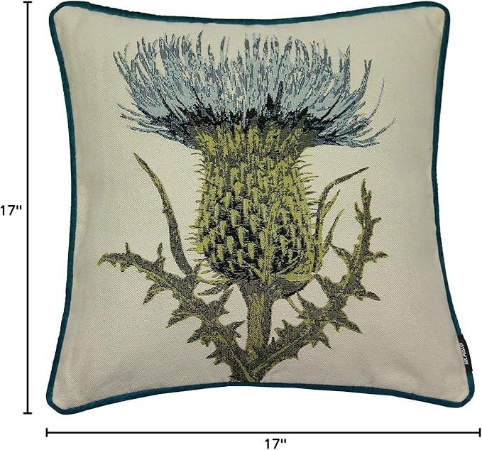 McAlister Textiles Decorative Tapestry Throw Pillow Cover Scatter Cushion with Blue Green Thistle Tapestry Design & Green Velvet Backing for Lounge, Bedroom & Garden