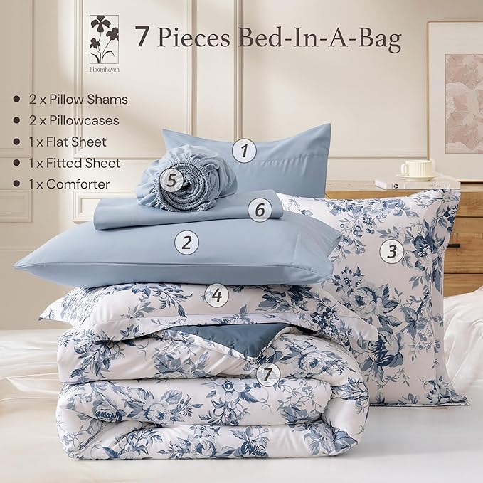 California King Comforter Set -7 Pieces Floral Rain Washed Bedding Set for All Seasons, Bed in a Bag with Botanical Flowers Comforter, Sheets, Pillowcases & Shams