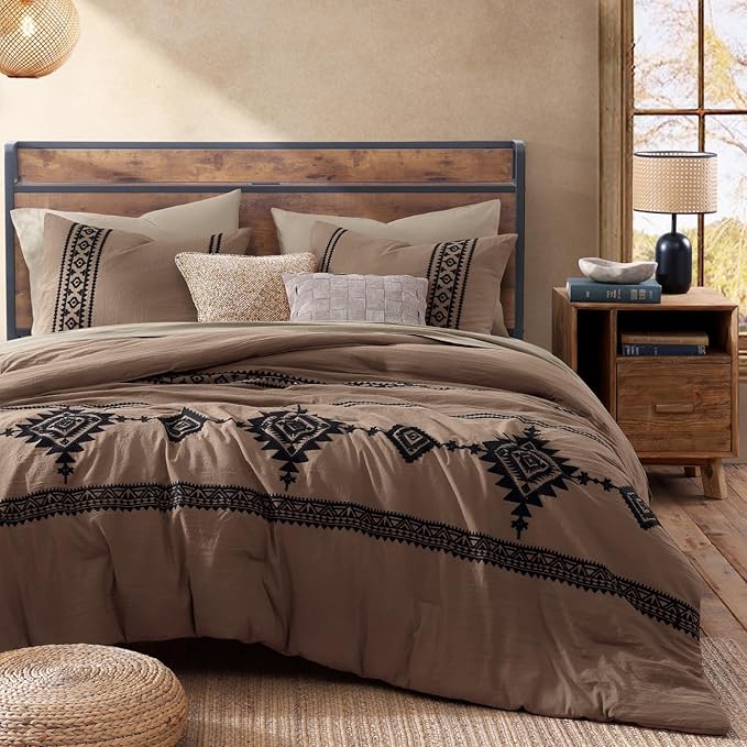 MaiRêve Embroidery Comforter Set, Boho Farmhouse Western Bedding Set, All Season Bed in A Bag Comforter Set with Sheets, Pillowcases & Shams, Brown King 7 Pieces