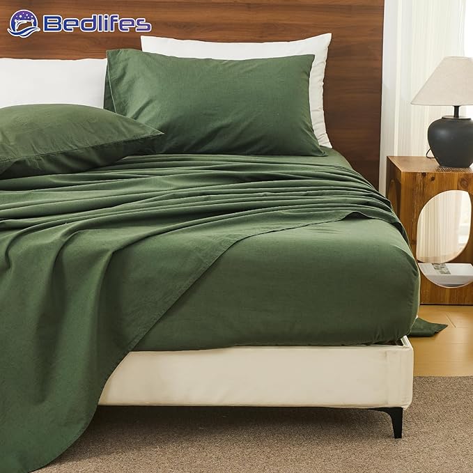 Bedlifes 100% French Pure Linen Sheets California King Size Breathable and Cooling Flax Sheet Set Soft Durable and Moisture Wicking 16 Inch Deep Pocket-4 Piece(Cal King,Forest Green)