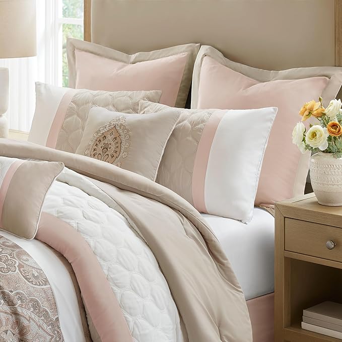 510 DESIGN Luxe Quilted Comforter Set Modern Transitional Design, All Season Down Alternative Warm Bedding Matching Shams, Bedskirt, Decorative Pillow, Cal King, Shawnee Scrollwork Blush