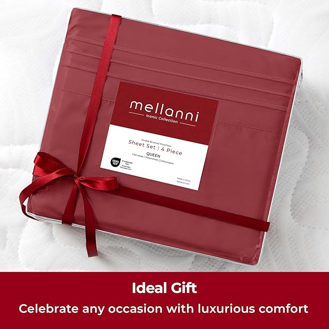 Mellanni Extra Deep Split King Sheets - 5 PC Iconic Collection Bedding - Hotel Luxury, Ultra Soft, Cooling Bed Sheets - Wrinkle, Fade, Stain Resistant (Split King, Brick Red)